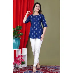 febq Casual Regular Sleeves Printed Women Dark Blue, White Top image 3