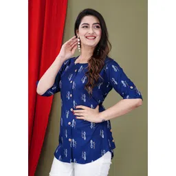 febq Casual Regular Sleeves Printed Women Dark Blue, White Top image 1
