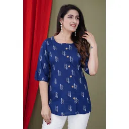 febq Casual Regular Sleeves Printed Women Dark Blue, White Top image 5