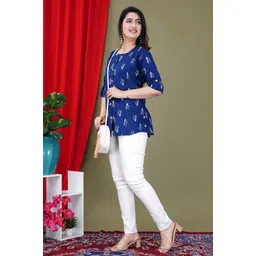 febq Casual Regular Sleeves Printed Women Dark Blue, White Top image 4