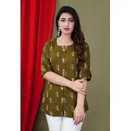 febq Casual Regular Sleeves Printed Women Green Top-picture-17