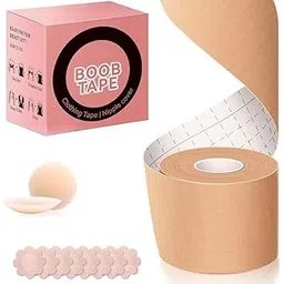 fedora Adhesive Bra Push Up Boob Tape for Large Breasts - with 1 Pair Reusable Invisible Silicone Nipple Covers, 36 Strips Fabric Tape for Women Clothing and Body Beige-picture-43