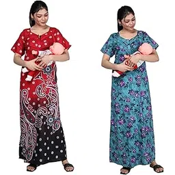 Feeding Nighty Combo of 2 Pieces in Cotton with 3 zips, First Zip on Neck Other 2 zips on Front for Feeding Purpose Maternity Nighty Cotton Feeding Nighty Combo-picture-22