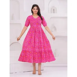 FEMARY Ethnic Motifs Printed Puff Sleeve Maternity Midi Dress-picture-11