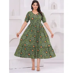 FEMARY Women Ethnic Motifs Printed V-Neck Pure Cotton Maternity Fit and Flare Midi Dress-picture-36