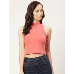 FEMEA Peach-Coloured Solid Cotton Crop Top-picture-41