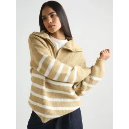 FEMMELLA Beige Acrylic Striped Regular Fit Sweater-picture-26