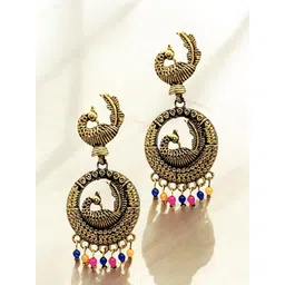 FEMMIBELLA Gold-Plated Beaded Peacock Shaped Oxidised Drop Earrings-picture-33