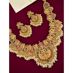 FEMMIBELLA Gold-Plated Stone-Studded & Beaded Jewellery Set-picture-24