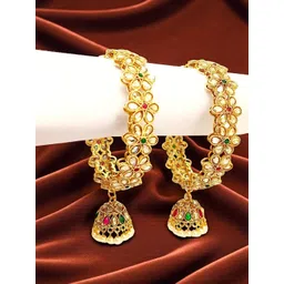 FEMMIBELLA Set Of 2 Gold Plated Cubic Zircon Stone Studded & Beaded Bangle-picture-31