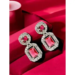 FEMMIBELLA Silver Plated American Diamond Studded Geometric Shaped Drop Earrings-picture-35