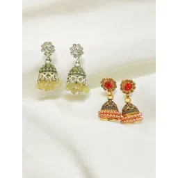 FEMMIBELLA Women Pack Of 2 Silver Plated Cubic Zircon Studded Dome Shaped Jhumkas Earrings-picture-10