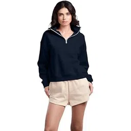 femmora Premium 100% Cotton Fleece Long Sleeve Solid Henley Sweatshirt for Women | Knitted Pullover | Loose Fit | Front Zip | Dropped Shoulder – Casual Winter Wear-(Pack of 1)-picture-43