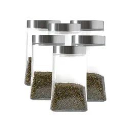 Femora Transparent Glass Square Kitchen Storage Jar With Airtight Steel Lid 1300ml - Set of 6-picture-37