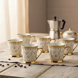 Femora Premium Golden Leaf Ceramic Royal Crowned Coffee & Tea Cup Set of 4, 180 ML-picture-28