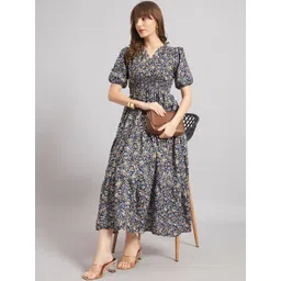 Femvy Floral Print Puff Sleeve Crepe A-Line Midi Dress-picture-39