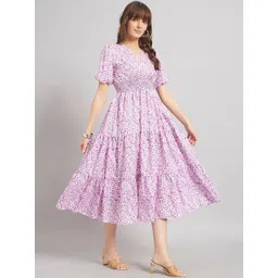 Femvy Floral Print Puff Sleeve Crepe Fit & Flare Midi Dress-picture-14