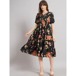 Femvy Floral Print Puff Sleeve Crepe Fit & Flare Midi Dress-picture-22