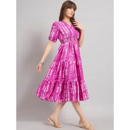 Femvy Tie and Dye Dyed Puff Sleeve Fit & Flare Midi Dress-picture-15