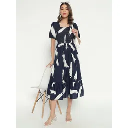 Femvy Women Printed Square Neck Puff Sleeve Fit & Flare Midi Dress-picture-35