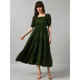 Femvy Women Square-Neck Puff Sleeve Crepe Fit & Flare Midi Dress-picture-20