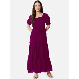 Femvy Women Square Neck Puff Sleeve Maxi Fit & Flare Dress-picture-16