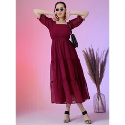 Femvy Women Square Neck Puff Sleeve Midi Fit & Flare Dress-picture-19
