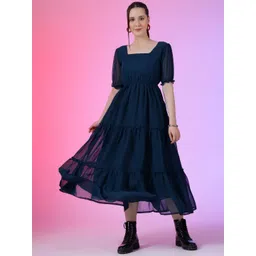 Femvy Women Square Neck Puff Sleeves Tiered Fit & Flare Maxi Dress-picture-15