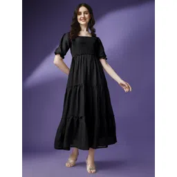 Femvy Women Square Neck Tiered Puff Sleeves Fit & Flare Maxi Dress-picture-17