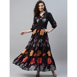 Femvy Women V-Neck Bishop Sleeves Fit & Flare Maxi Dress-picture-11