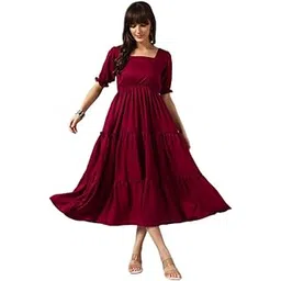 femvy Women's Floral Printed Maxi Gown | Square Neck, Puff Sleeves, A-Line Long Gown for Casual, Party 233(19)-picture-12