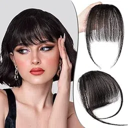 Feora Clip on Hair Extensions - Front Hair Bangs for Women - Wavy Synthetic Bangs - 4.7 Inch Length - Black Color-picture-11
