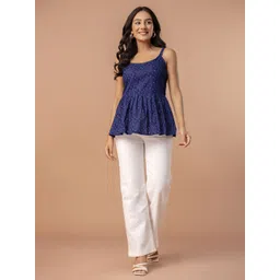 FERANOID Women Floral Embroidered Sleeveless Cotton Peplum Top image 4