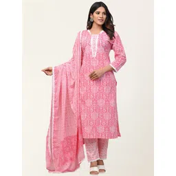 FERANOID Women Pink Floral Embroidered Pure Cotton Kurta with Trousers & Dupatta-picture-20