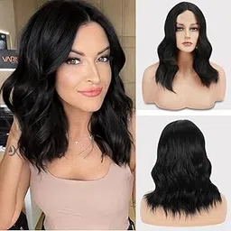 FESHFEN Soft and Smooth 16 Inch Black Wavy Lace Front Synthetic Wigs Middle Parting Medium Shoulder Length Bob Wig Ideal for Women Wedding and Other Function-picture-34