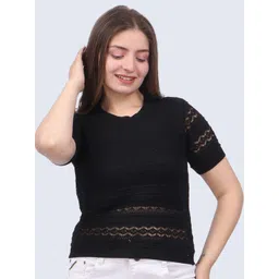 FEVERFEW Women Self Design Round Neck Cotton Regular Top-picture-24