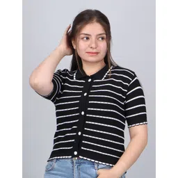 FEVERFEW Women Self Design Striped Collar Neck Top-picture-25
