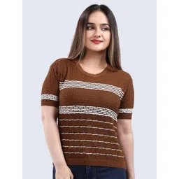 FEVERFEW Women Self Design Striped Cotton Regular Top-picture-22