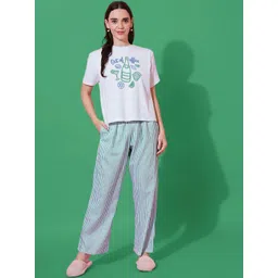 FFLIRTYGO Women Printed T-shirt With Striped Pyjamas Night suits-picture-29