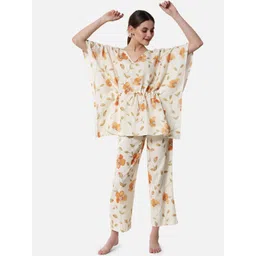 FFLIRTYGO Women Yellow & White Printed Kaftan Night suit with Matching Scrunchie-picture-25