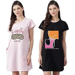 fflirtygo Women’s Cotton Nighty | Printed Knee Length Night Gown |Relaxed Fit Nightwear |Short Nightdress| Long T-Shirt | Sleepwear & Casual Wear Nighty (Pack of 2)-picture-53