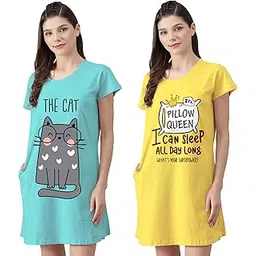 fflirtygo Women’s Cotton Nighty | Printed Knee Length Night Gown |Relaxed Fit Nightwear |Short Nightdress| Long T-Shirt | Sleepwear & Casual Wear Nighty (Pack of 2)-picture-50