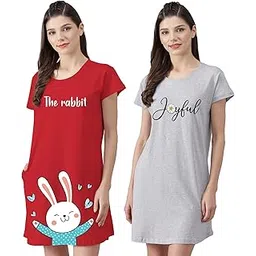 fflirtygo Women’s Cotton Nighty | Printed Knee Length Nighty |Short Sleeve Nighty |Short Nightdress| Grey and Red Color| Long T-Shirt | Sleepwear & Casual Wear Nighty (Pack of 2)-picture-25