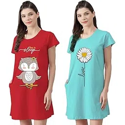 fflirtygo Women’s Cotton Nighty | Printed Knee Length Nighty |Short Sleeve Nighty |Short Nightdress| Long T-Shirt | Sleepwear & Casual Wear Nighty (Pack of 2)-picture-54