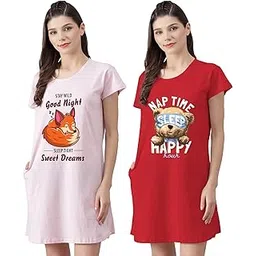 fflirtygo Women’s Cotton Nighty | Printed Knee Length Nighty |Short Sleeve Nighty |Short Nightdress| Long T-Shirt | Sleepwear & Casual Wear Nighty (Pack of 2)-picture-30