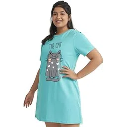 fflirtygo Women’s Cotton Nighty | Printed Knee Length Nighty |Short Sleeve Nighty |Short Nightdress|Sky Blue Color |The Cat Night Gown| Long T-Shirt|Sleepwear & Casual Wear Nighty-picture-39