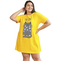 fflirtygo Women’s Cotton Nighty | Printed Knee Length Nighty |Short Sleeve Nighty |Short Nightdress|Yellow Color |The Cat Night Gown| Long T-Shirt|Sleepwear & Casual Wear Nighty-picture-40