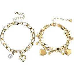 ffzdena 2 Pcs Chunky Bracelet For Women, Cuff Bracelet For Woman, Double Heart Stack Bracelets For Women Stylish, Gold Layered Bracelet Set, 14g, Perfect For Party Occasions-picture-32