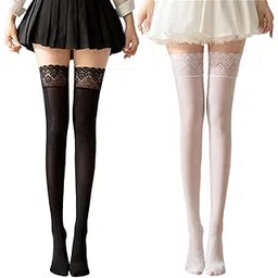 ffzdena 2pairs Stockings For Women, Socks Stocking Glossy, Lace Top Thigh High Stockings, Nylon Stocking Women, Party Hosiery Clubwear（White,Black）-picture-28