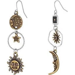 fianoeir 1 Pair Gothic Earrings, Vintage Pendant Earrings, Vintage Asymmetrical Sun and Moon Dangle Earring, Funky Dangly Earring for Party, Cosplay, Gift-picture-16